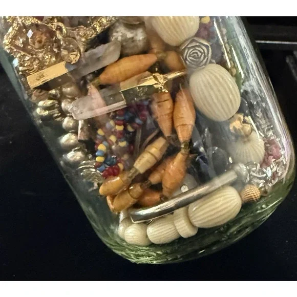 Jewelry Jar Wearable Lot Beads Necklaces Bracelets Earrings Vintage 16oz Jar - Picture 4 of 9